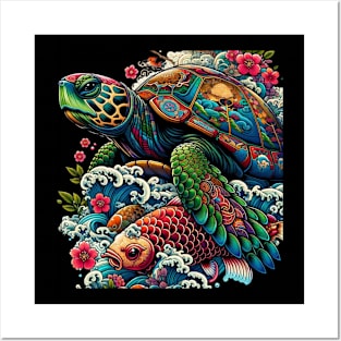 Carp Fish Waves Floral Art Traditional Japanese Turtle Posters and Art